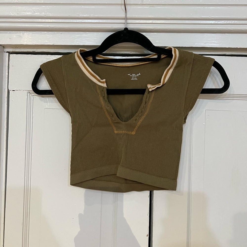 Urban Outfitters Green Crop Polo Top with Cap Sleeves